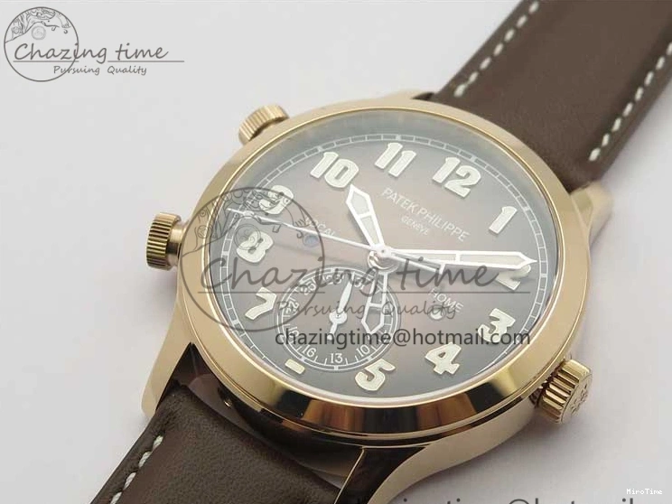 MIROTIME 0427 ZipUp Calatrava 5524R Pilot Travel Time RG GRF Brown Dial on Brown Leather Strap A324 V 7110